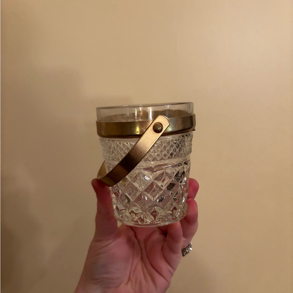 vintage Anchor Hocking Wexford glass sugar pail with a gold-tone handle